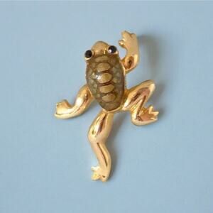 Vintage Handcrafted Enamel & Jet Black Crystal Climbing Brown Frog Pin Brooch